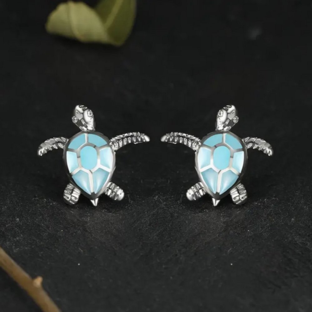 Silver & Blue Turtle Stud Earrings